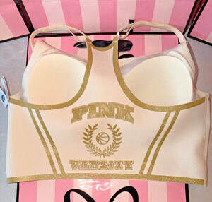 Victorias Secret PINK Sports Bra Varsity Long Line Gold Logo Limited Ed. Medium